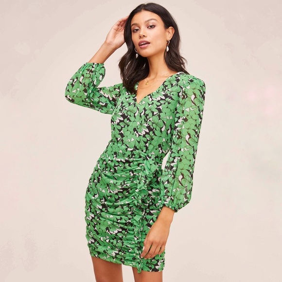 ASTR the Label Shirred Green Sheer Rushed Mini Dress - Picture 1 of 3
